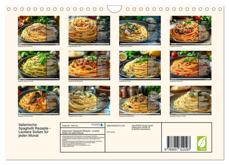 Produktbild: Italienische Spaghetti Rezepte - Leckere So&szlig;en f&uuml;r jeden Monat (Wandkalender 2026 DIN A4 quer), CALVENDO Monatskalender