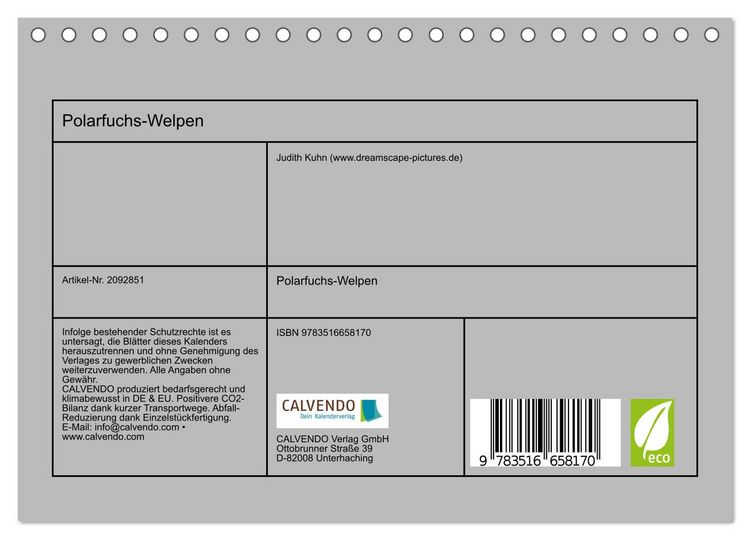 Produktbild: Polarfuchs-Welpen (Tischkalender 2026 DIN A5 quer), CALVENDO Monatskalender