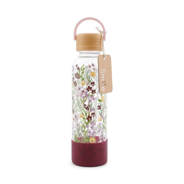 Produktbild: Trinkflasche aus Glas mit Silikoncover, "Violet Bouquet"