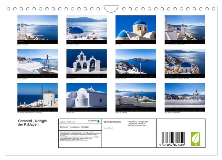 Produktbild: Santorini - K&ouml;nigin der Kykladen (Wandkalender 2026 DIN A4 quer), CALVENDO Monatskalender