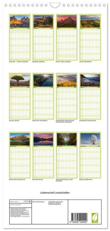 Produktbild: Familienplaner 2027 - Leidenschaft Landschaften mit 5 Spalten (Wandkalender, 21 x 45 cm) CALVENDO
