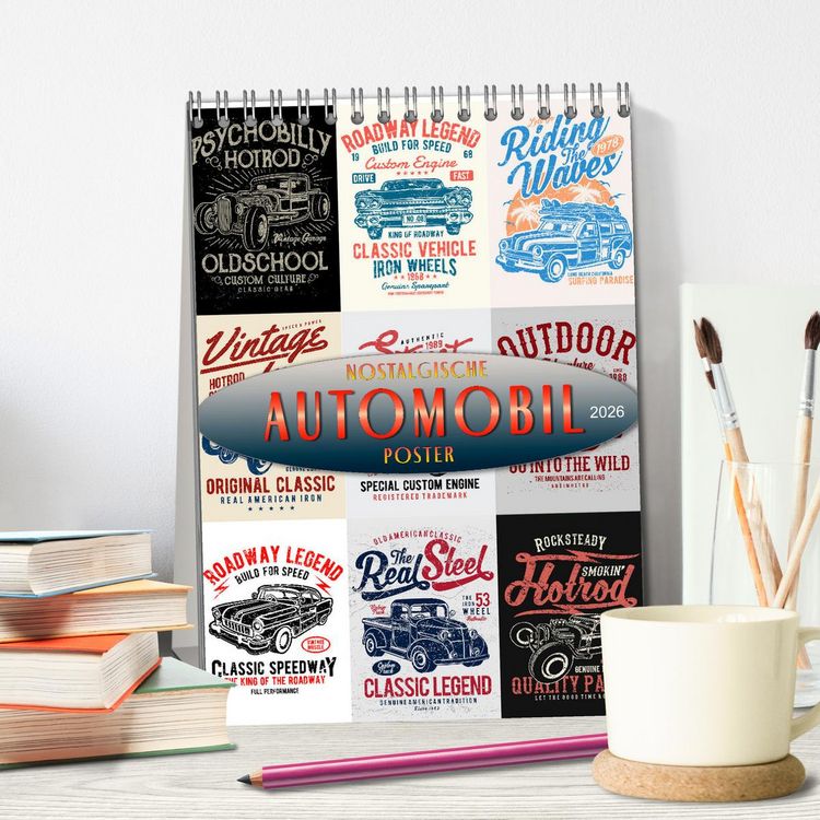 Produktbild: Automobile - nostalgische Poster (Tischkalender 2026 DIN A5 hoch), CALVENDO Monatskalender