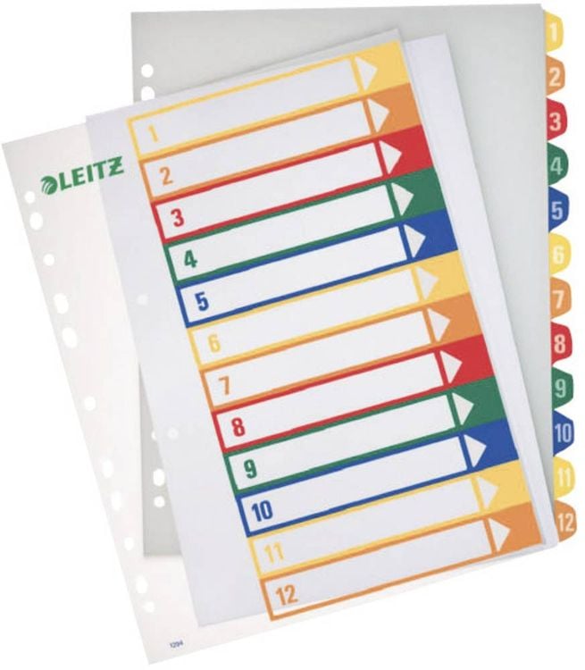 Produktbild: Leitz 12940000 Register DIN A4, Überbreite 1-12 Polypropylen Mehrfarbig 12 Registerblätter PC-beschriftbar 12940000