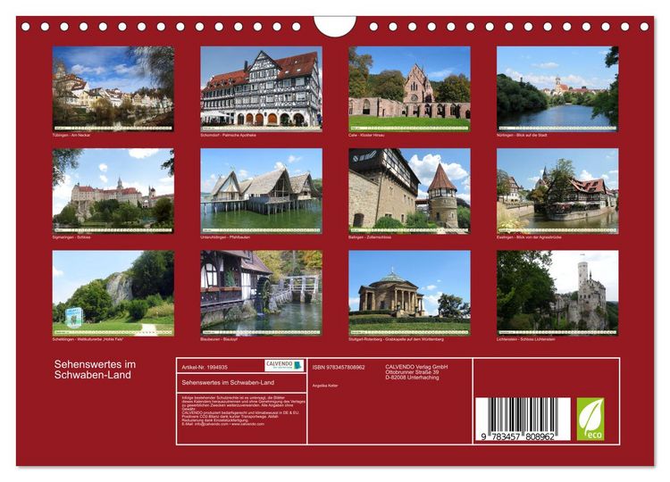 Produktbild: Sehenswertes im Schwaben-Land (Wandkalender 2026 DIN A4 quer), CALVENDO Monatskalender