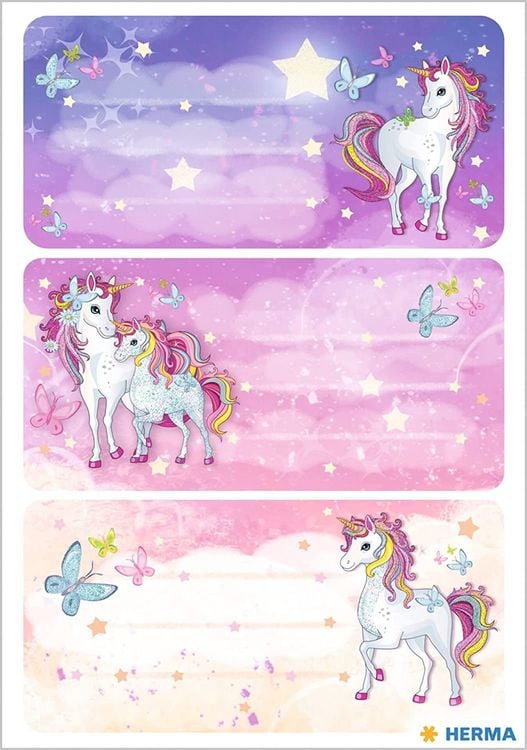 Produktbild: HERMA Schuletiketten Einhorn Best Friends beglimmert 6er Set