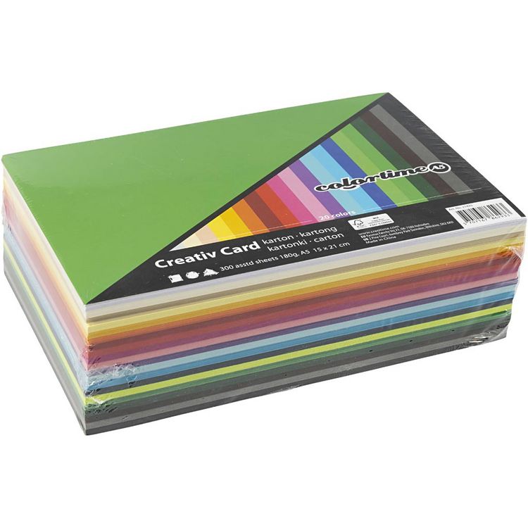 Produktbild: Creativ Company Farbkarton, A5, Blatt 148x210 mm, 180 g, sortierte Farben, 300 Blatt sortiert