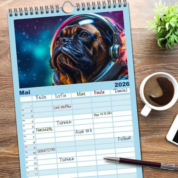 Produktbild: Familienplaner 2026 - Hunde im Weltall mit 5 Spalten (Wandkalender, 21 x 45 cm) CALVENDO