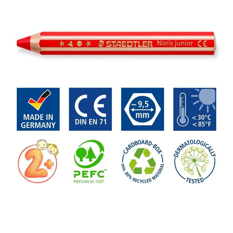 Produktbild: STAEDTLER Noris junior 140 Kindermalstift 3 in 1, Kartonetui mit 6 Malstiften in sortierten Farben und 1 Spitzer, 140 C6