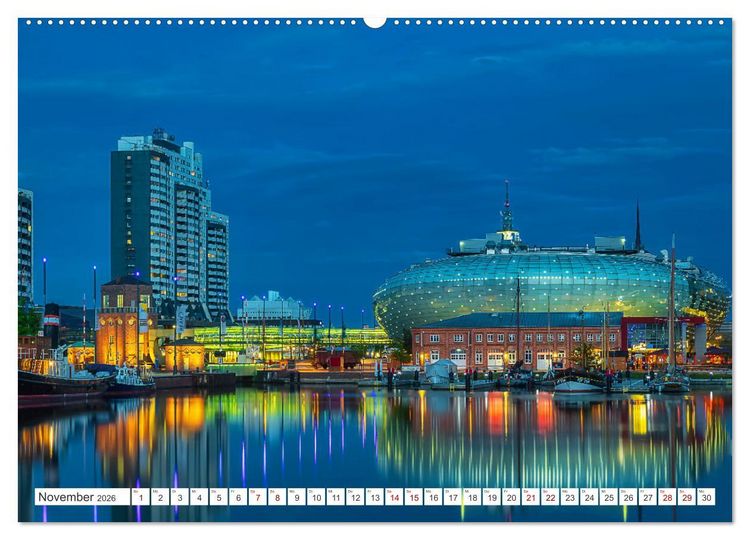 Produktbild: Bremen und Bremerhaven - Nachtaufnahmen (hochwertiger Premium Wandkalender 2026 DIN A2 quer), Kunstdruck in Hochglanz