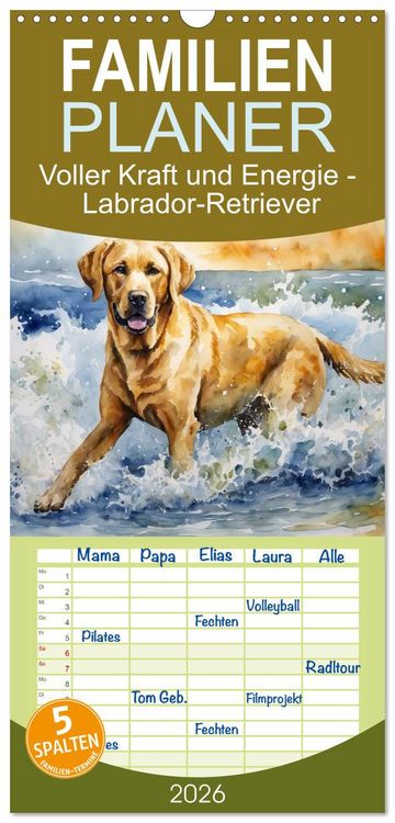 Produktbild: Familienplaner 2026 - Voller Kraft und Energie - Labrador-Retriever mit 5 Spalten (Wandkalender, 21 x 45 cm) CALVENDO