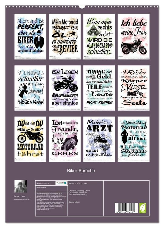 Produktbild: Biker-Spr&uuml;che (hochwertiger Premium Wandkalender 2026 DIN A2 hoch), Kunstdruck in Hochglanz