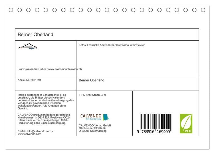 Produktbild: Berner Oberland (Tischkalender 2026 DIN A5 quer), CALVENDO Monatskalender