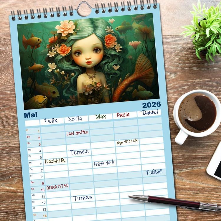Produktbild: Familienplaner 2026 - Zauberhafte Meerjungfrauen. Liebliche Illustrationen mit 5 Spalten (Wandkalender, 21 x 45 cm) CALVENDO