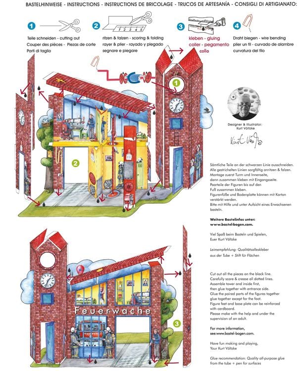Produktbild: Feuerwache mit Feuerwehr Bastelbogen Ausschneidebogen