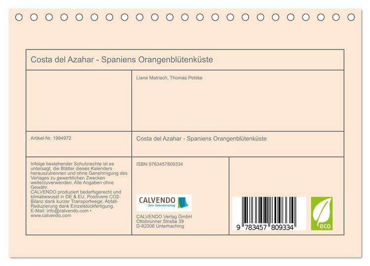 Produktbild: Costa del Azahar - Spaniens Orangenbl&uuml;tenk&uuml;ste (Tischkalender 2026 DIN A5 quer), CALVENDO Monatskalender