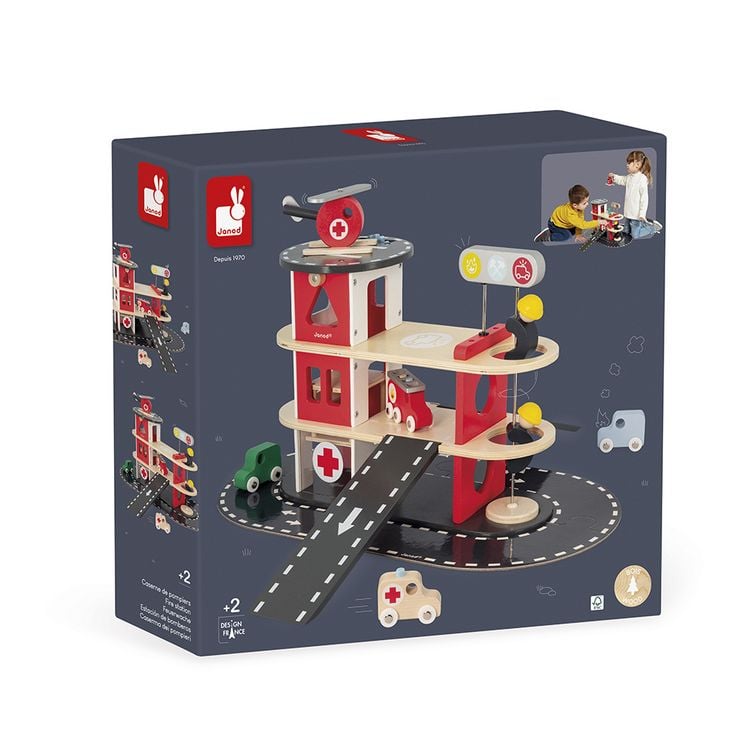 Produktbild: Holz-Feuerwehr-Spielset mit Fahrzeugen & Helikopter ab 2 Jahren