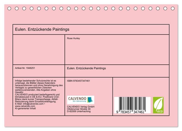 Produktbild: Eulen. Entz&uuml;ckende Paintings (Tischkalender 2026 DIN A5 quer), CALVENDO Monatskalender
