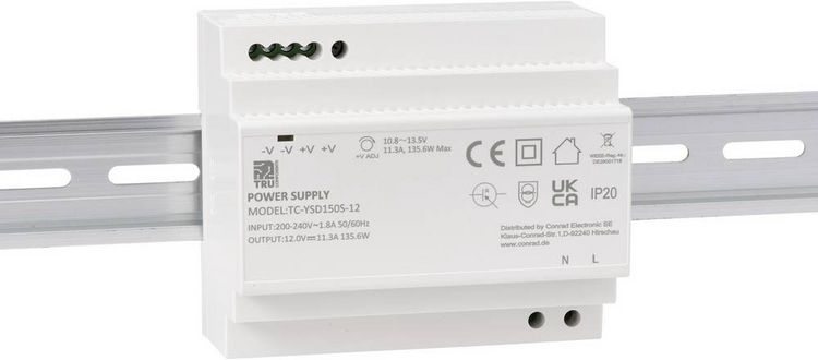 Produktbild: TRU COMPONENTS TC-13710892 Hutschienen-Netzteil (DIN-Rail) Verbrauch (StandBy) 0.3 W 12 V/DC 11.3 A 135.6 W Anzahl Ausg&auml;nge:1 x Inhalt 1 St.