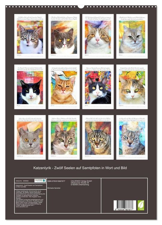 Produktbild: Katzenlyrik - Zw&ouml;lf Seelen auf Samtpfoten in Wort und Bild (hochwertiger Premium Wandkalender 2026 DIN A2 hoch), Kunstdruck in Hochglanz