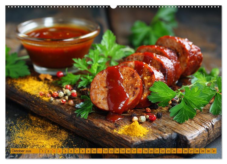 Produktbild: Currywurst Kalender - Das Berliner Kultgericht f&uuml;r Fleischliebhaber (hochwertiger Premium Wandkalender 2026 DIN A2 quer), Kunstdruck in Hochglanz