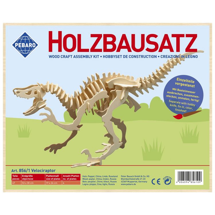 Produktbild: PEBARO 856/1 - Holzbausatz Dinosaurier Velociraptor, 47 Teile, Holzkonstruktion zum Zusammenstecken