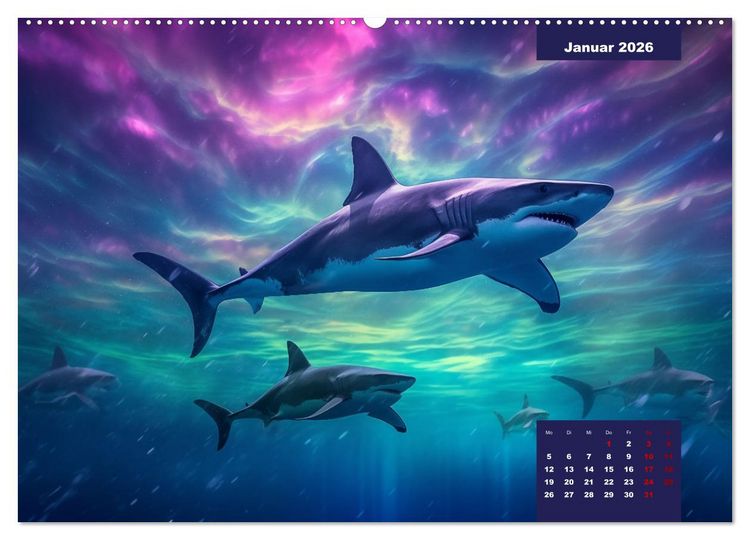 Produktbild: Stille Giganten - KI-generierte Hai-Impressionen (hochwertiger Premium Wandkalender 2026 DIN A2 quer), Kunstdruck in Hochglanz