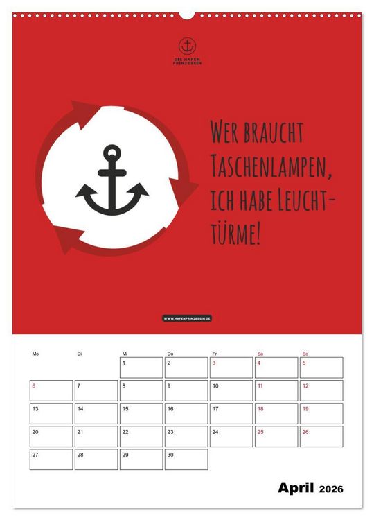 Produktbild: hafenprinzessin: Ankertr&auml;ume & Meer - Der moderne Zitate-Wandkalender f&uuml;r maritime Lebensmomente! (Wandkalender 2026 DIN A2 hoch), CALVENDO Monatskalender