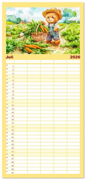 Produktbild: Familienplaner 2026 - Teddy auf dem Bauernhof - Entdecke das Landleben mit Tieren und Feldern mit 5 Spalten (Wandkalender, 21 x 45 cm) CALVENDO