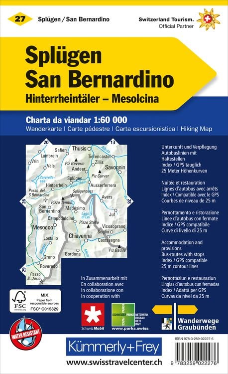 Produktbild: Spl&uuml;gen-San Bernardino, Hinterrheint&auml;ler, Misox Wanderkarte nr. 27