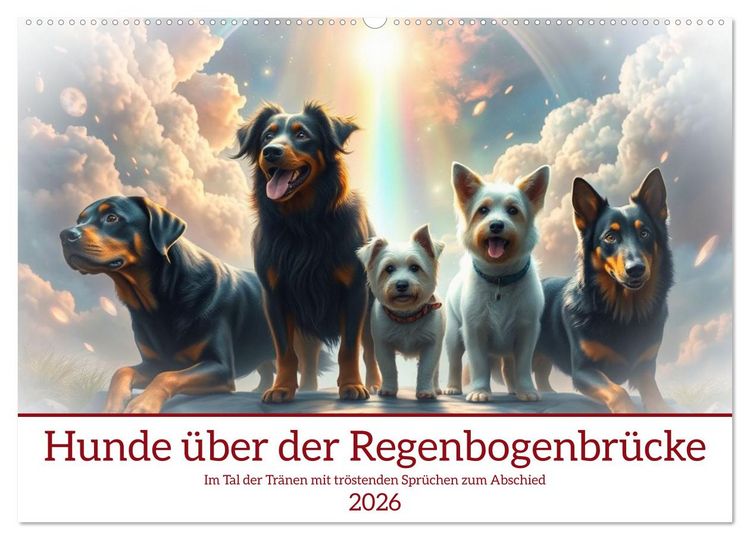 Produktbild: Hunde &uuml;ber der Regenbogenbr&uuml;cke (Wandkalender 2026 DIN A2 quer), CALVENDO Monatskalender
