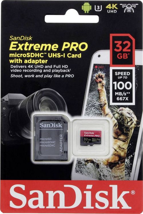 Produktbild: SanDisk Extreme&reg; Pro microSDHC-Karte 32 GB Class 10, UHS-I, UHS-Class 3, v30 Video Speed Class inkl. SD-Adapter, A1-Leistungsstandard