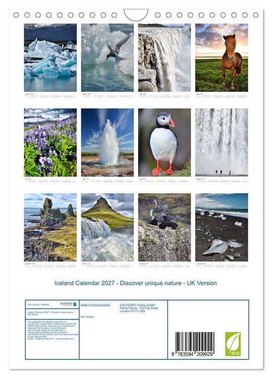 Produktbild: Iceland Calendar 2027 - Discover unique nature - UK Version (Wall Calendar 2027 DIN A4 portrait), CALVENDO 12 Month Wall Calendar