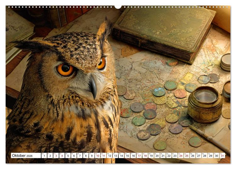 Produktbild: Eulen im Einsatz - 365 Tage voller schr&auml;ger Federf&uuml;hrung (hochwertiger Premium Wandkalender 2026 DIN A2 quer), Kunstdruck in Hochglanz