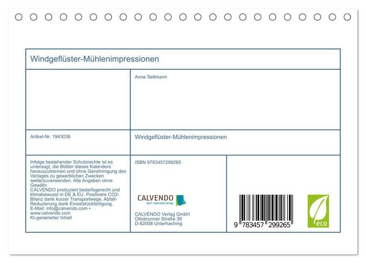 Produktbild: Windgefl&uuml;ster-M&uuml;hlenimpressionen (Tischkalender 2026 DIN A5 quer), CALVENDO Monatskalender
