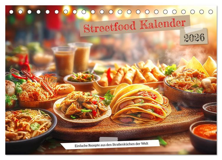 Produktbild: Streetfood Kalender - Einfache Rezepte aus den Stra&szlig;enk&uuml;chen der Welt (Tischkalender 2026 DIN A5 quer), CALVENDO Monatskalender