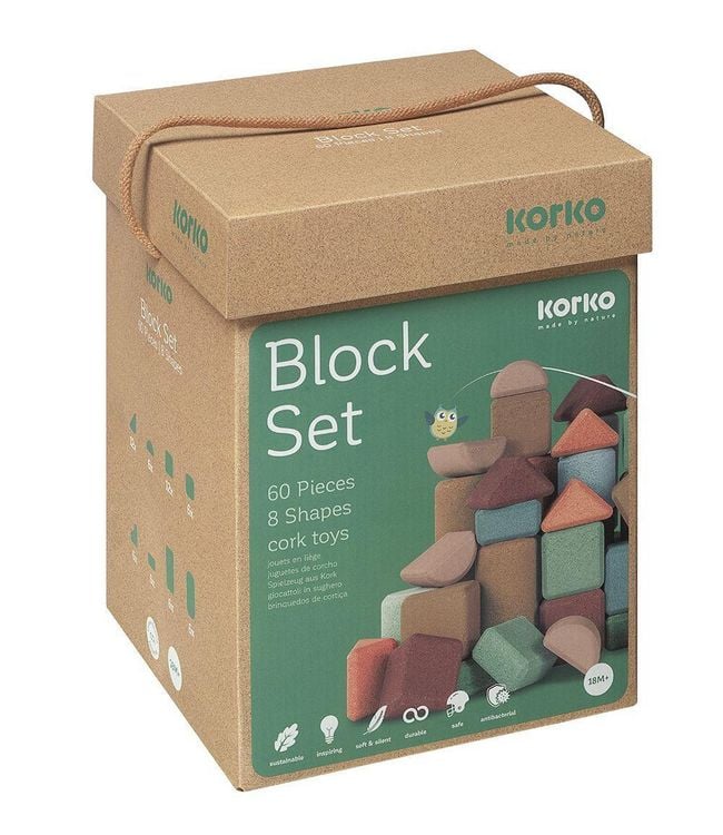 Produktbild: Wecken Sie die Fantasie Ihres Kindes und schonen Sie gleichzeitig den Planeten. Das 60-teilige Bausteinset von Korko besteht aus 60 bunten Korkbausteinen in 8 verschiedenen Formen. Es wird auch mit einer eigenen Aufbewahrungsm&ouml;glichkeit geliefert. Mi