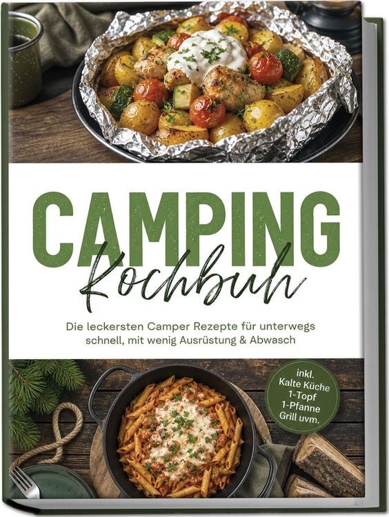Produktbild: Camping Kochbuch: Die leckersten Camper Rezepte f&uuml;r unterwegs &ndash; schnell, mit wenig Ausr&uuml;stung & Abwasch &ndash; inkl. Kalte K&uuml;che, 1-Topf, 1-Pfanne, Grill uvm.