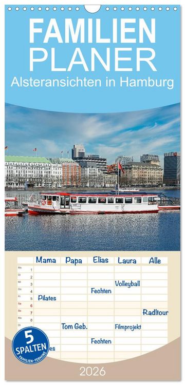 Produktbild: Familienplaner 2026 - Alsteransichten in Hamburg mit 5 Spalten (Wandkalender, 21 x 45 cm) CALVENDO