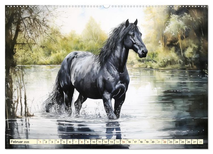 Produktbild: Pferde. Romantische Aquarelle von schwarzen Sch&ouml;nheiten (hochwertiger Premium Wandkalender 2026 DIN A2 quer), Kunstdruck in Hochglanz