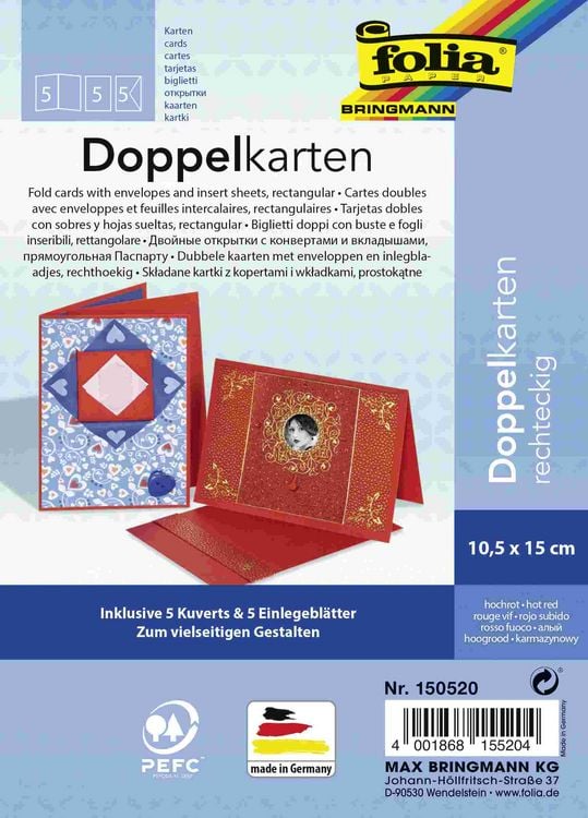 Produktbild: Folia Klappkarten/Doppelkarten f&uuml;r Einladungen, Gl&uuml;ckwunsch- oder Gru&szlig;karten, 10,5x15cm, rot, 5 Karten + Kuverts + Einlagen