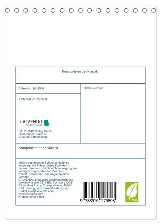 Produktbild: Komponisten der Klassik (Tischkalender 2026 DIN A5 hoch), CALVENDO Monatskalender