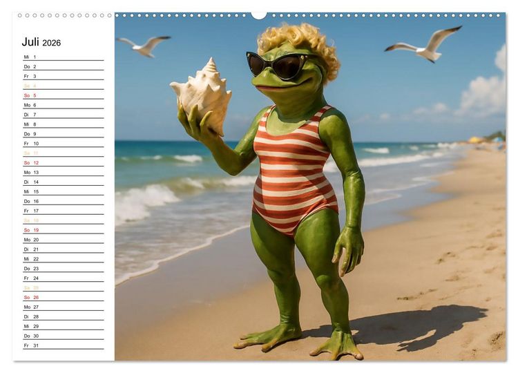Produktbild: Frosch am Strand - Sommer, Sonne, gr&uuml;ne Haut (hochwertiger Premium Wandkalender 2026 DIN A2 quer), Kunstdruck in Hochglanz