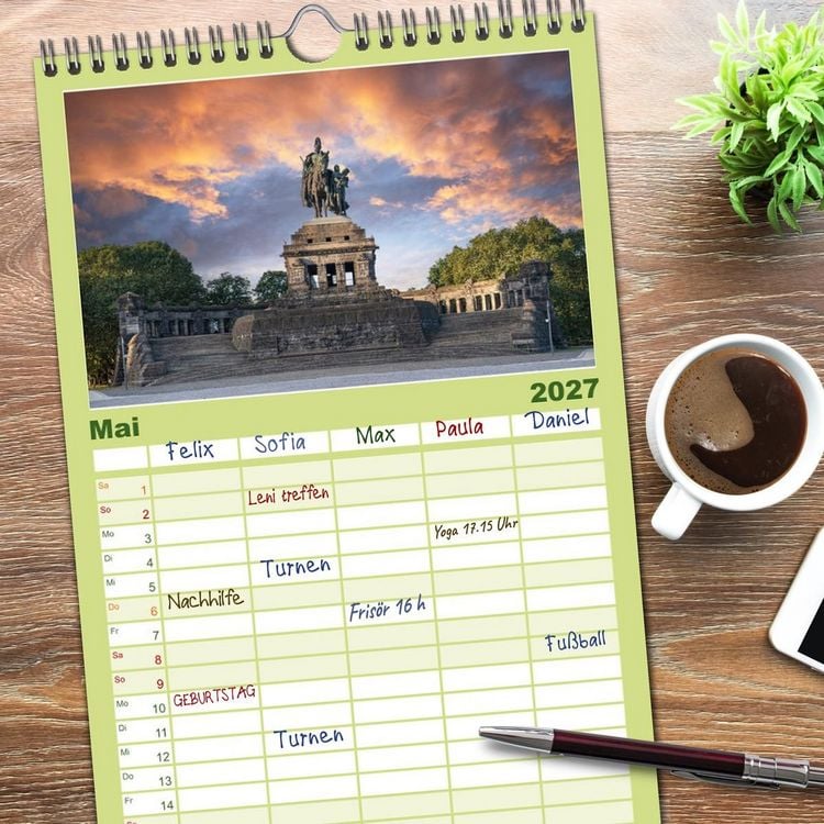Produktbild: Familienplaner 2027 - Unterwegs - Rhein-Burgen-Weg mit 5 Spalten (Wandkalender, 21 x 45 cm) CALVENDO