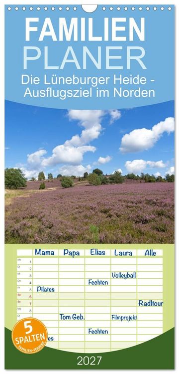 Produktbild: Familienplaner 2027 - Die L&uuml;neburger Heide - Ausflugsziel im Norden mit 5 Spalten (Wandkalender, 21 x 45 cm) CALVENDO