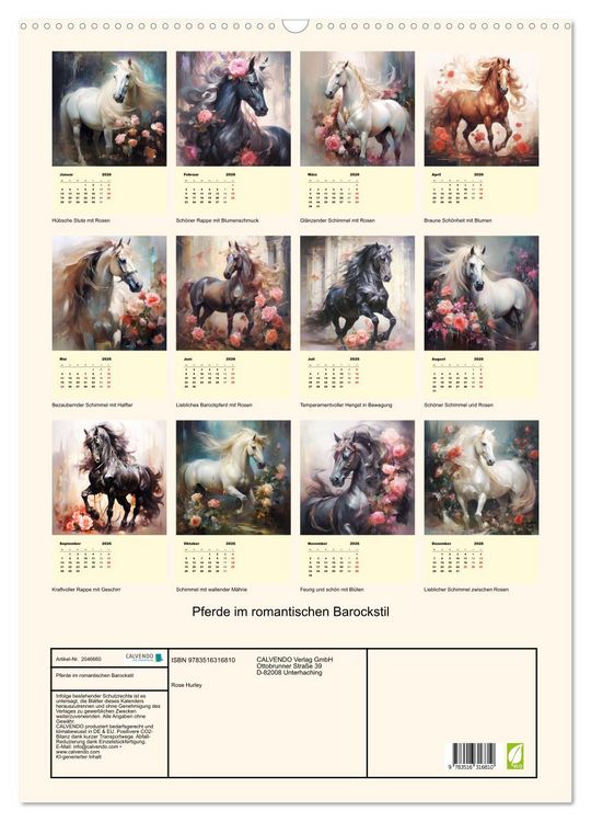 Produktbild: Pferde im romantischen Barockstil (Wandkalender 2026 DIN A2 hoch), CALVENDO Monatskalender