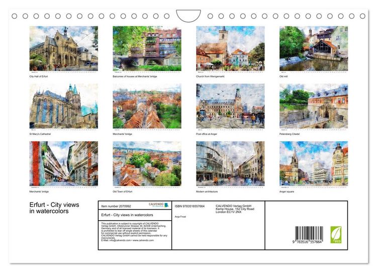 Produktbild: Erfurt - City views in watercolors (Wall Calendar 2026 DIN A4 landscape), CALVENDO 12 Month Wall Calendar
