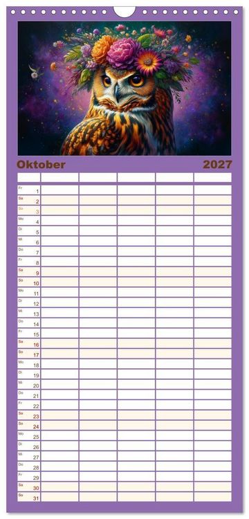 Produktbild: Familienplaner 2027 - Blumige Vogelportr&auml;ts mit 5 Spalten (Wandkalender, 21 x 45 cm) CALVENDO