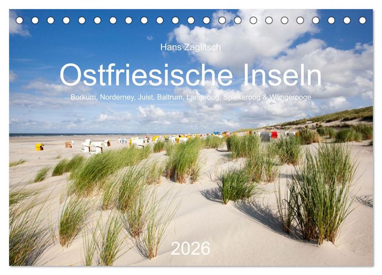 Produktbild: Ostfriesische Inseln - Borkum, Norderney, Juist, Baltrum, Langeoog, Spiekeroog, Wangerooge (Tischkalender 2026 DIN A5 quer), CALVENDO Monatskalender