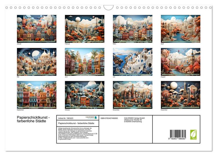Produktbild: Papierschicktkunst - farbenfohe St&auml;dte (Wandkalender 2026 DIN A3 quer), CALVENDO Monatskalender