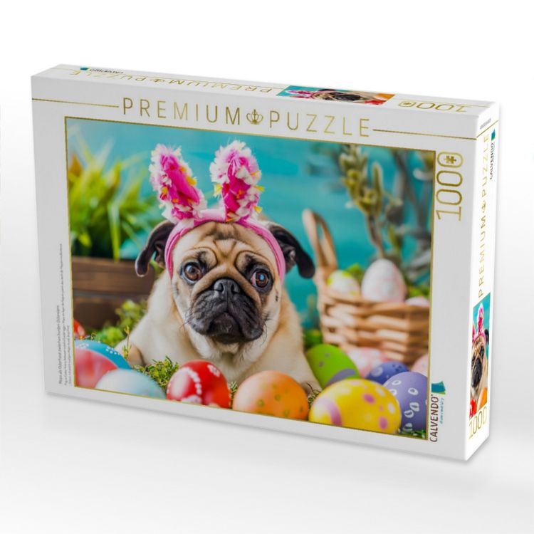 Produktbild: CALVENDO Puzzle Mops als Osterhase zwischen bunten Ostereiern | 1000 Teile Lege-Gr&ouml;&szlig;e 64x48cm Foto-Puzzle f&uuml;r gl&uuml;ckliche Stunden